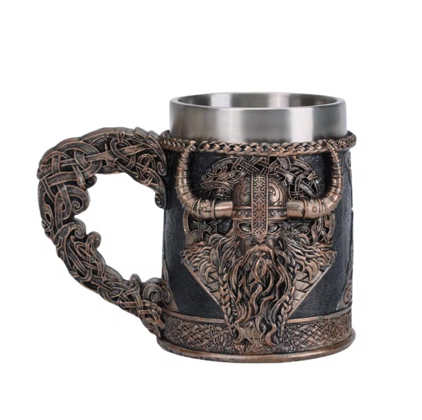 Viking Mug - Norse Warrior & Dragon Handle Stainless Steel Ale Mug