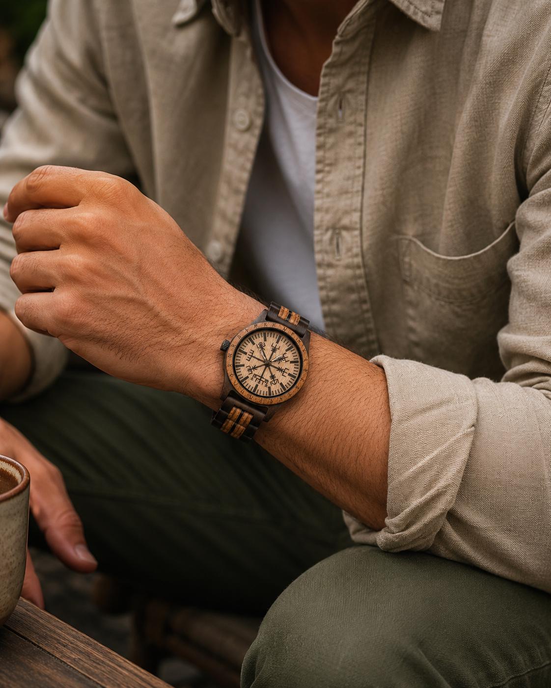 Viking Leather Accessory - Viking Compass Watch, Wooden Engraved, Groomsmen Gift, Personalized