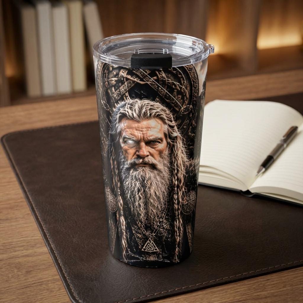 Viking Odin Mug - Odin All Father Portrait Tumbler 20oz, Norse Longship Mountain Scene