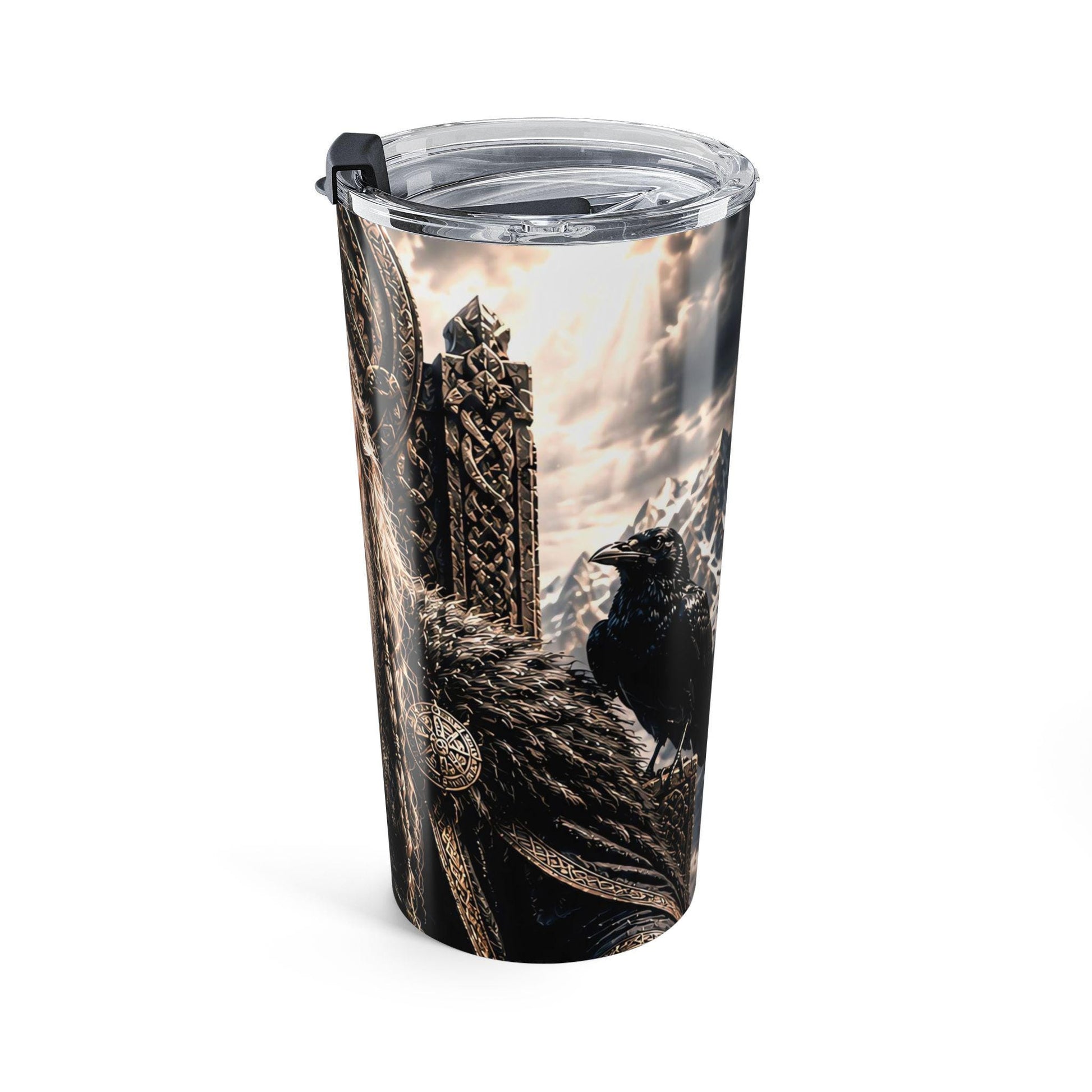 Viking Odin Mug - Odin All Father Portrait Tumbler 20oz, Norse Longship Mountain Scene
