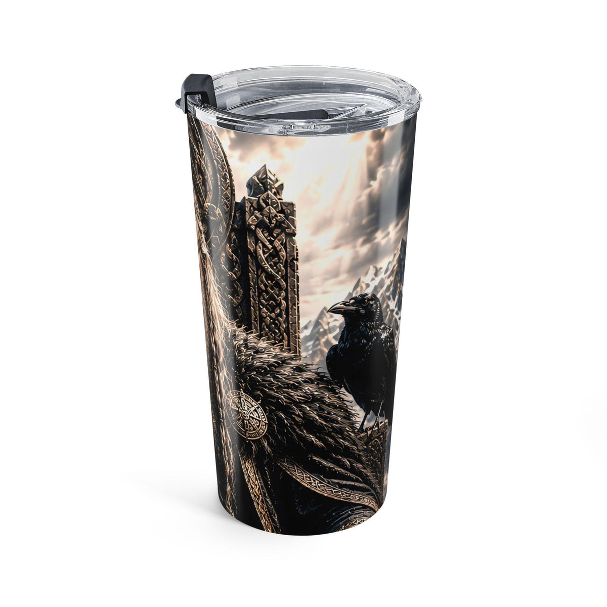Viking Odin Mug - Odin All Father Portrait Tumbler 20oz, Norse Longship Mountain Scene