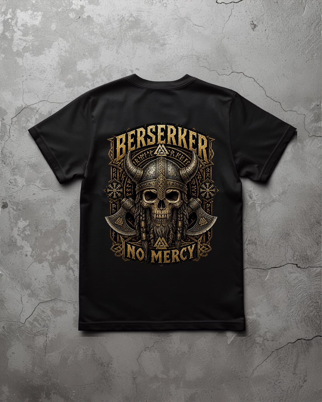 Viking T-Shirt - Berserker Skull Viking Helmet No Mercy T-shirt, Norse Warrior Design