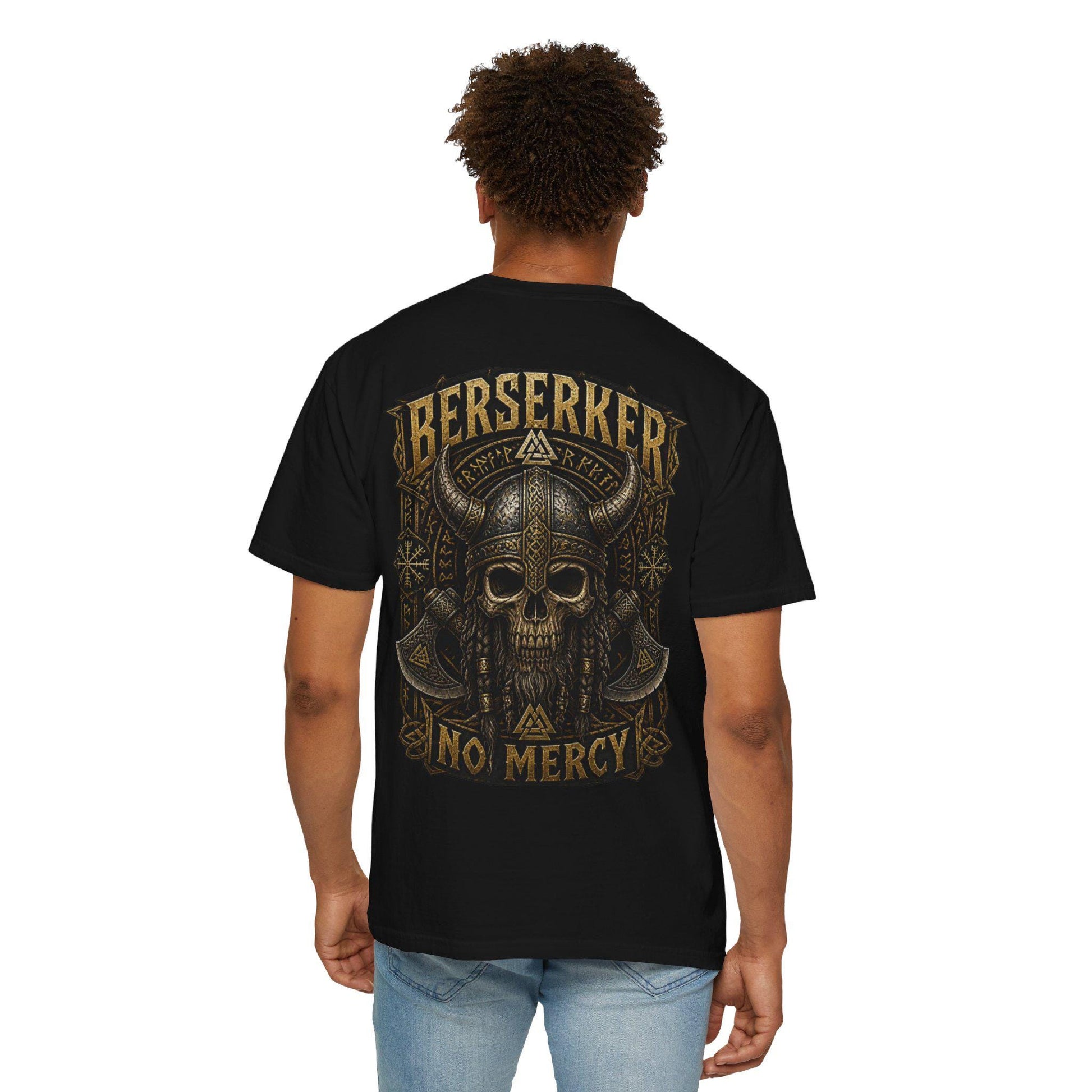 Viking T-Shirt - Berserker Skull Viking Helmet No Mercy T-shirt, Norse Warrior Design
