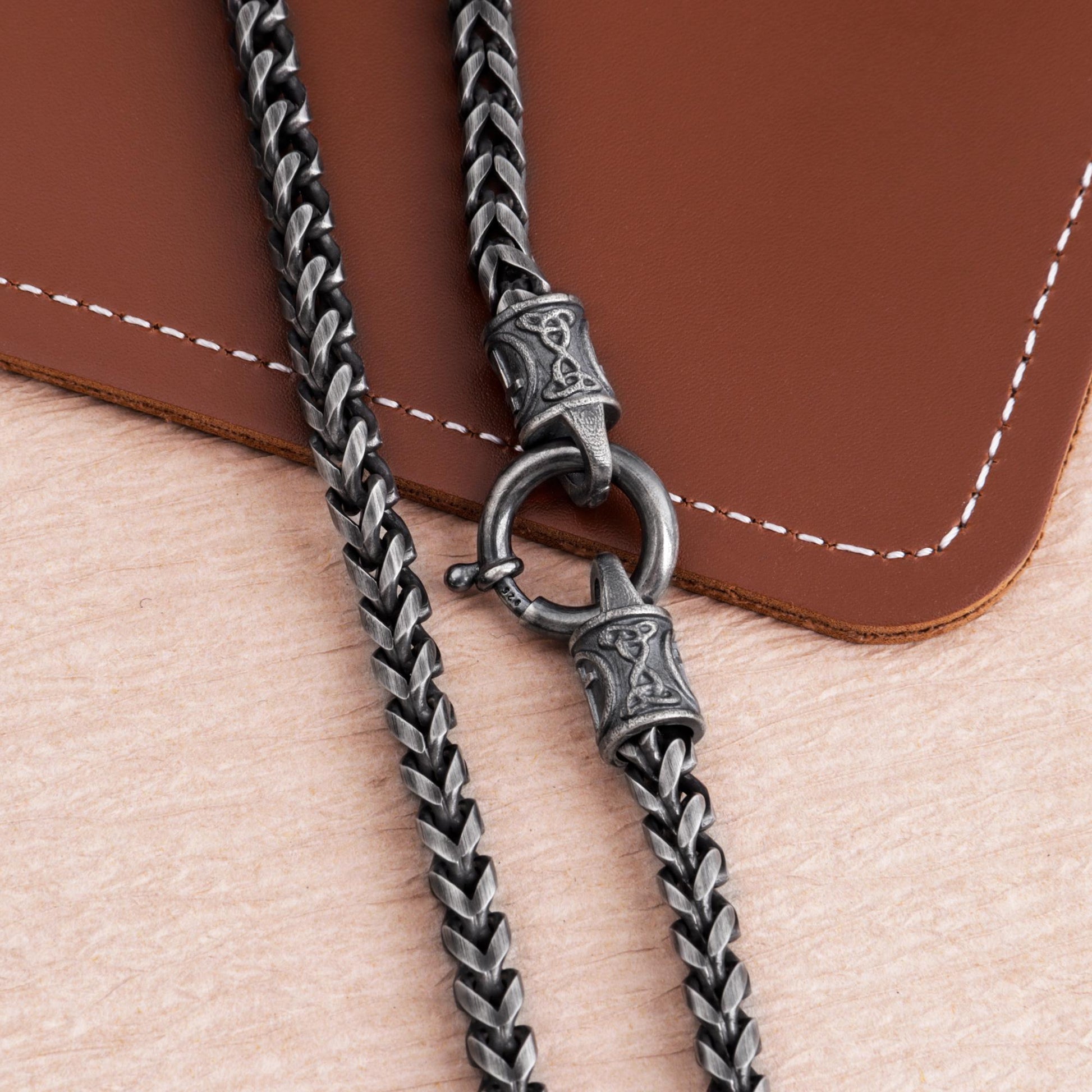 Viking Necklace - Viking Franco Necklace With Celtic Knot Clasp, Unisex Sterling Silver Thick
