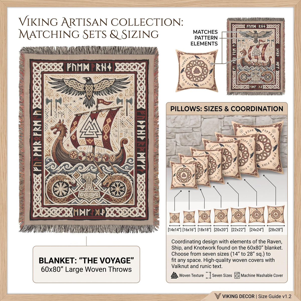 Viking Thor's Hammer Blanket - Viking Longship Woven Blanket, Norse Mythology Tapestry Throw