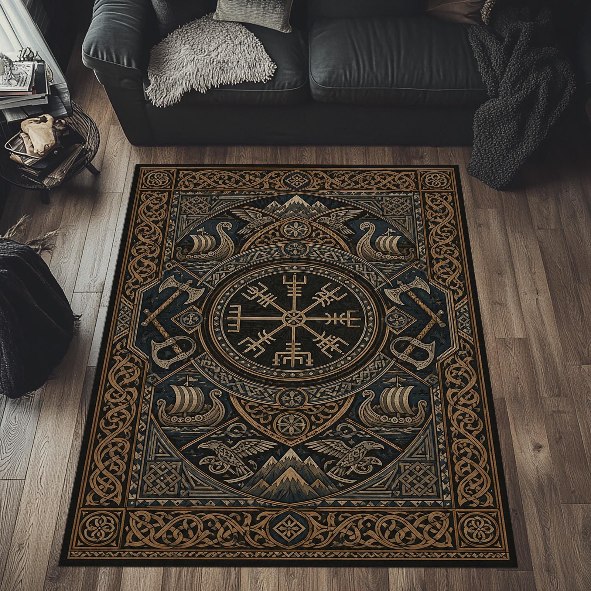Viking Vegvisir Compass Rug - Viking Vegvisir Rug, Nordic Compass Area Carpet, Norse Mythology Home