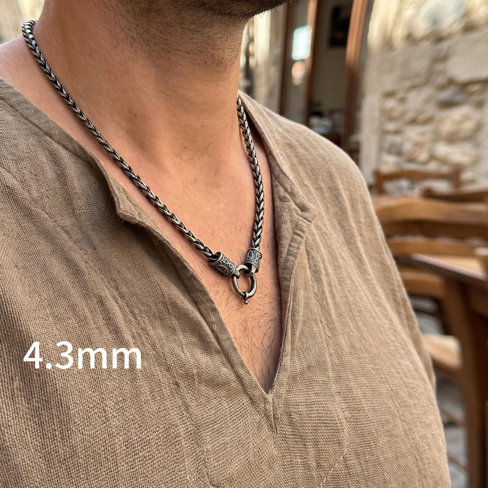 Viking Necklace - Viking Franco Necklace With Celtic Knot Clasp, Unisex Sterling Silver Thick