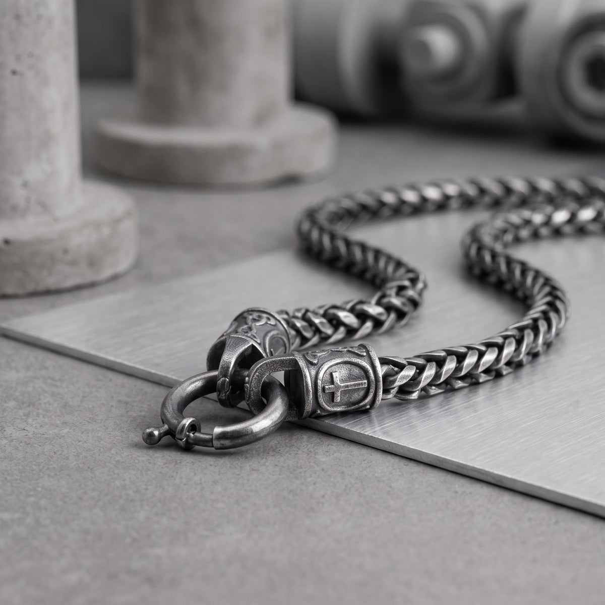Viking Necklace - Viking Franco Necklace With Celtic Knot Clasp, Unisex Sterling Silver Thick