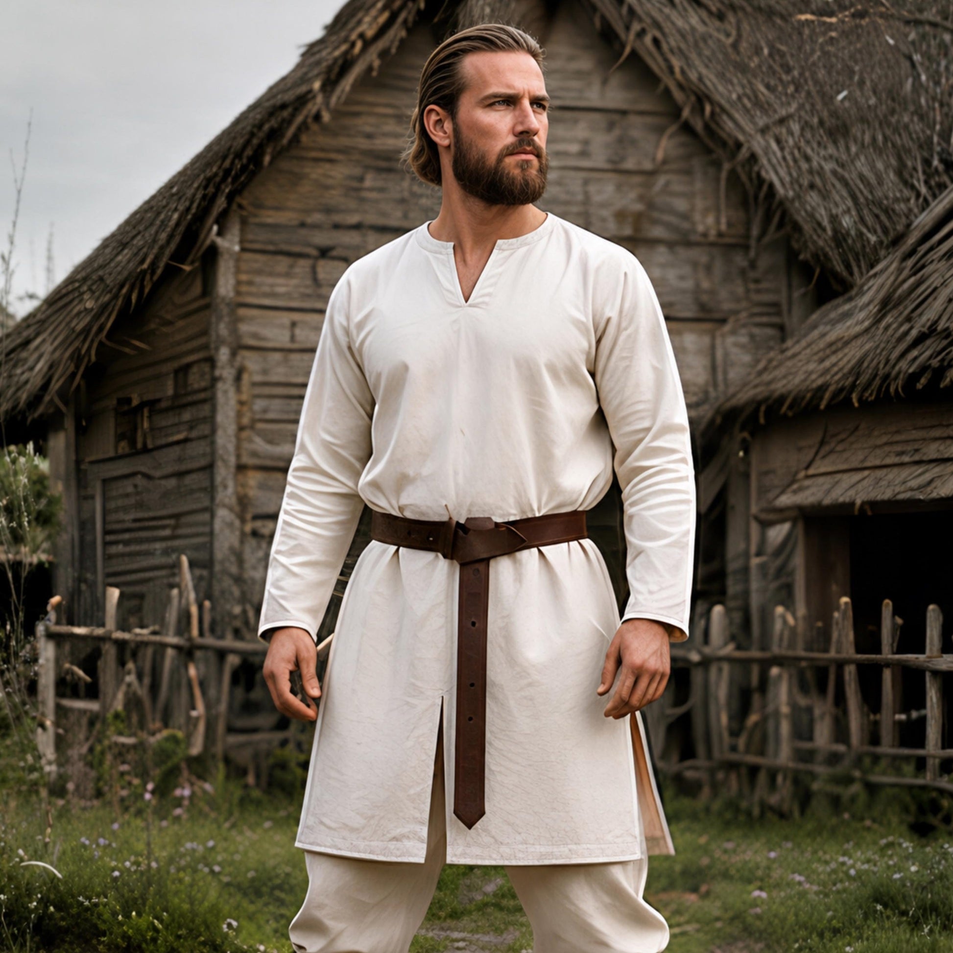 Viking T-Shirt - Green Viking tunic with leather details, Viking tunic for reenactment, LARP, and