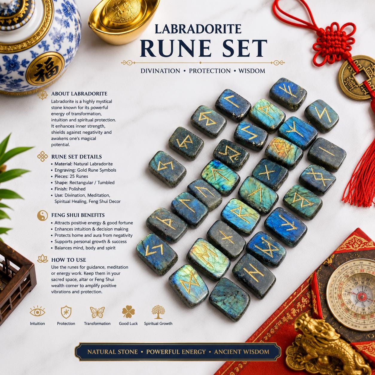 Viking Rune Home Decor - Labradorite Rune Stone Set Hand Engraved Norse Viking Runes for