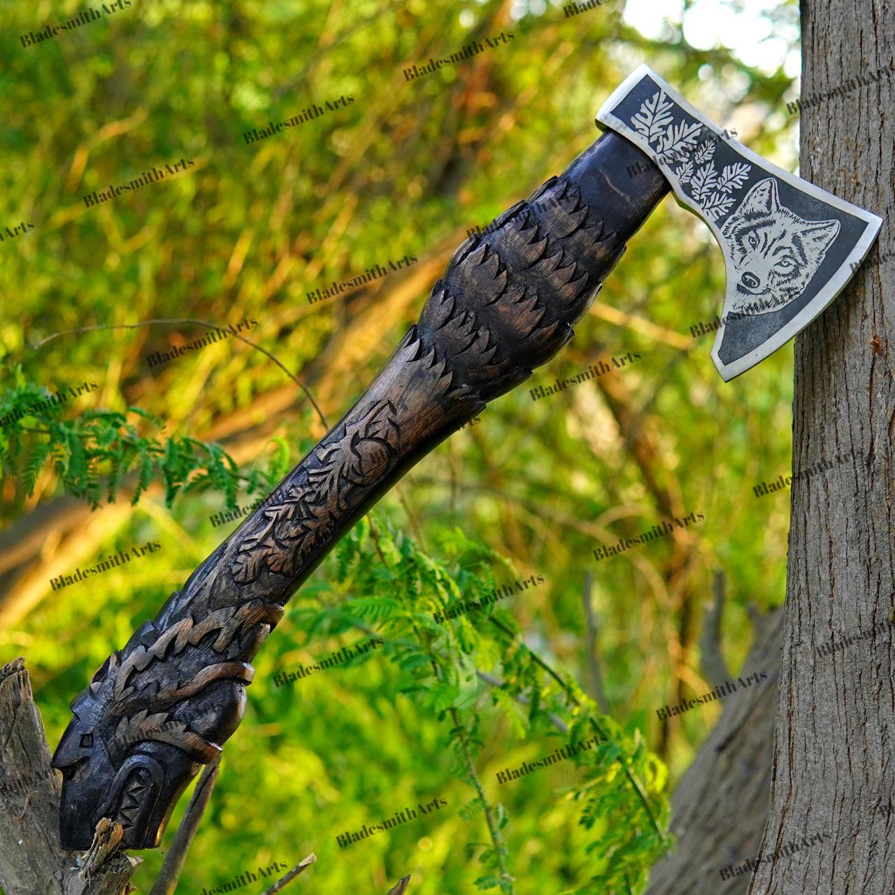 Viking Wolf Weapon Replica - Handmade Viking Raven Axe, Wolf Axe, Norse Hatchet, Medieval Axe