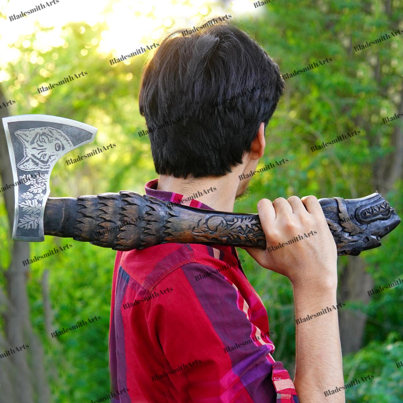 Viking Wolf Weapon Replica - Handmade Viking Raven Axe, Wolf Axe, Norse Hatchet, Medieval Axe