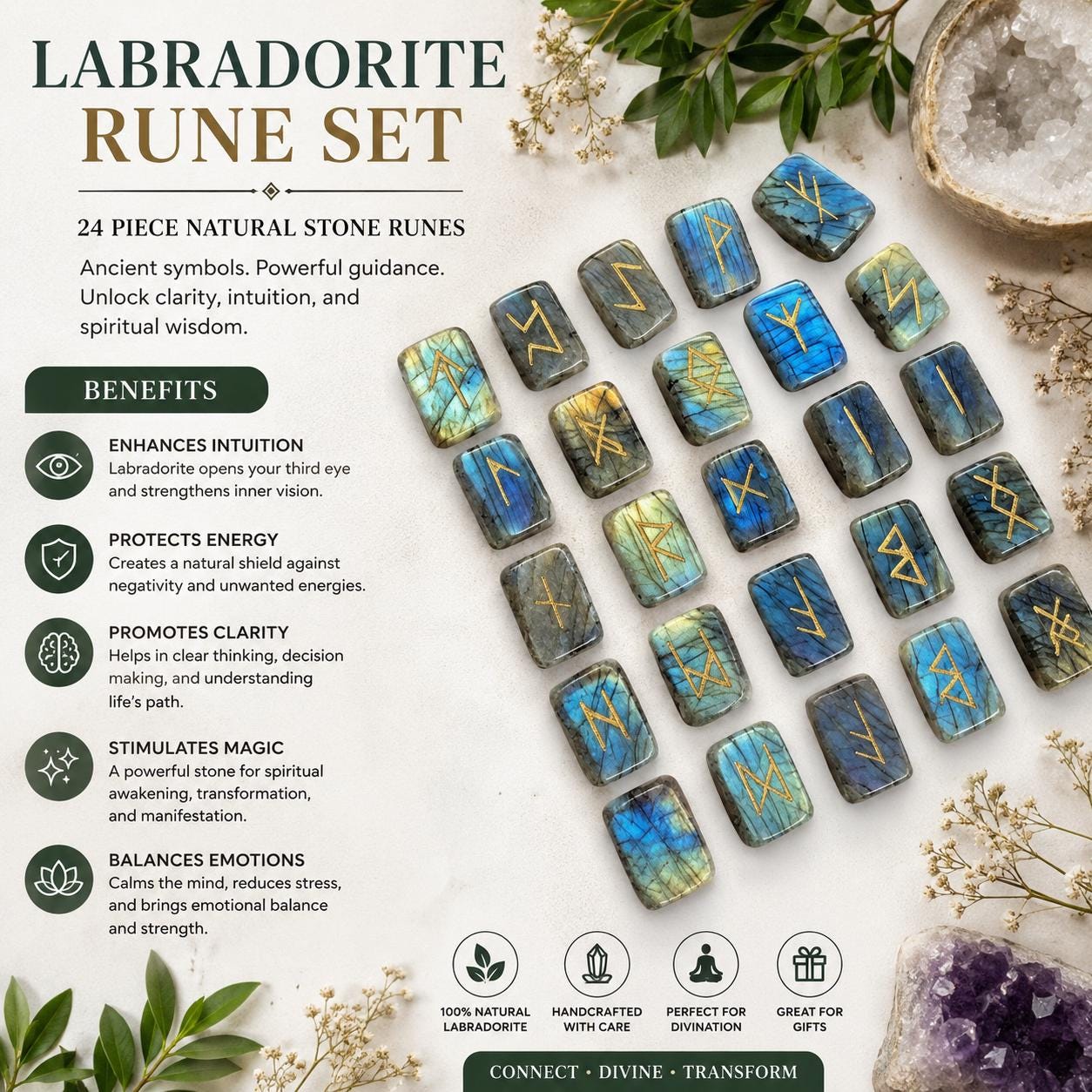 Viking Rune Home Decor - Labradorite Rune Stone Set Hand Engraved Norse Viking Runes for