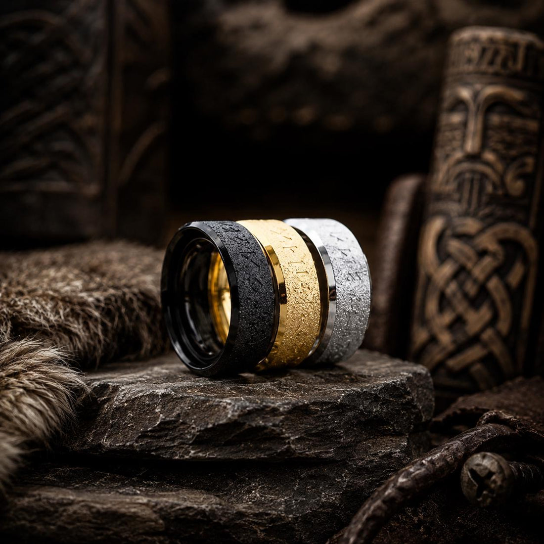 Viking Rune Ring Set of 3 · Norse Stainless Steel Band · Elder Futhark · Nordic Warrior Ring Men