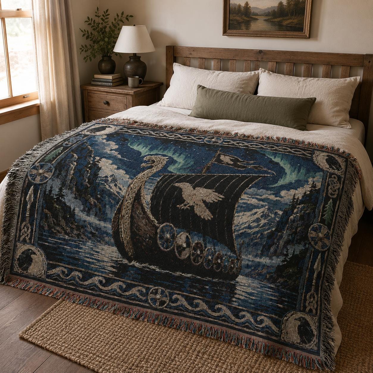 Viking Raven Blanket - Viking Longship Tapestry Wall Hanging Norse Raven Fjord Wall Art Large Wall