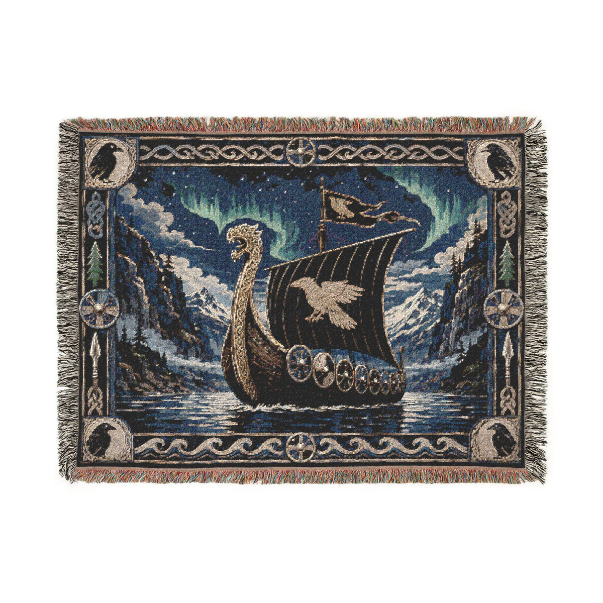Viking Raven Blanket - Viking Longship Tapestry Wall Hanging Norse Raven Fjord Wall Art Large Wall