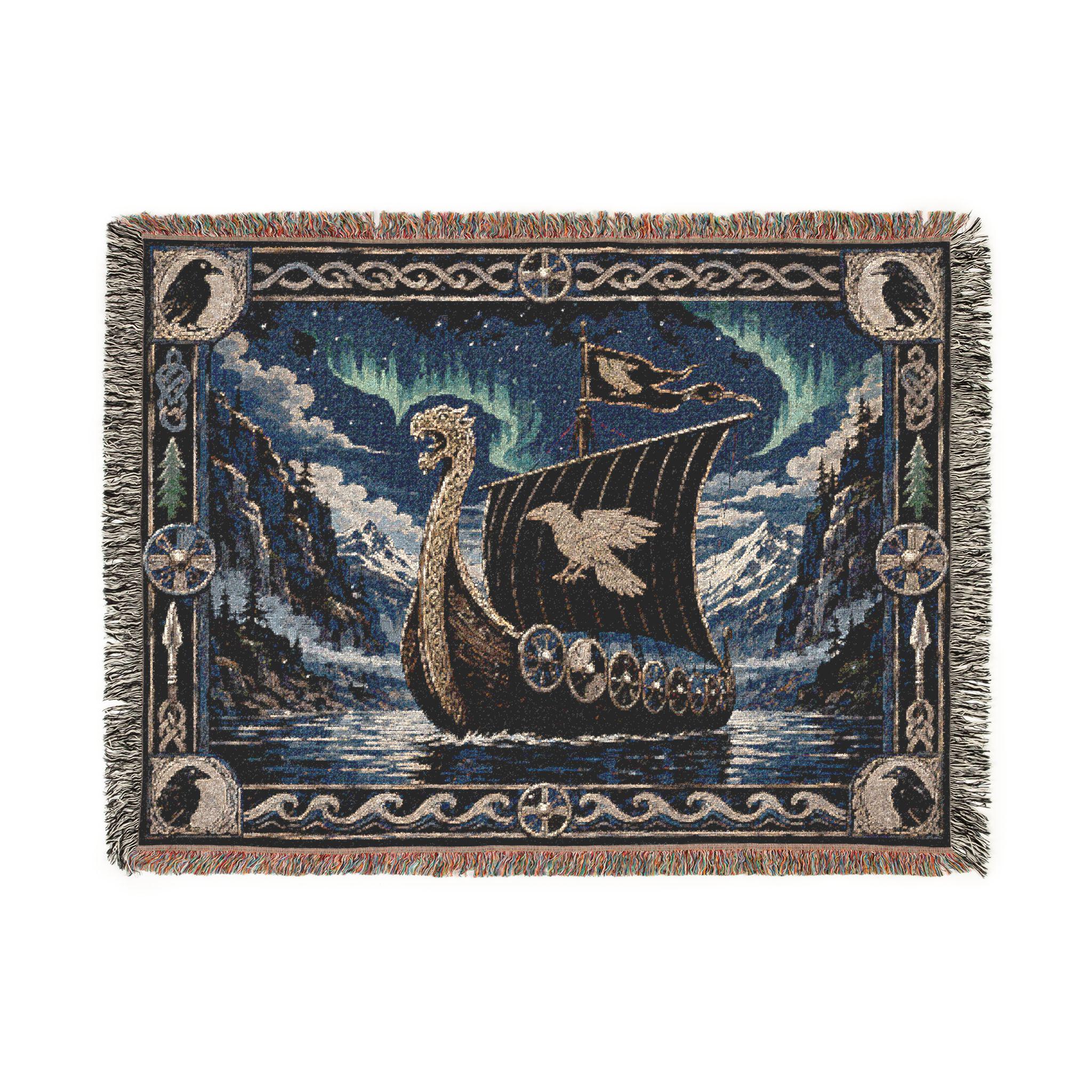 Viking Raven Blanket - Viking Longship Tapestry Wall Hanging Norse Raven Fjord Wall Art Large Wall