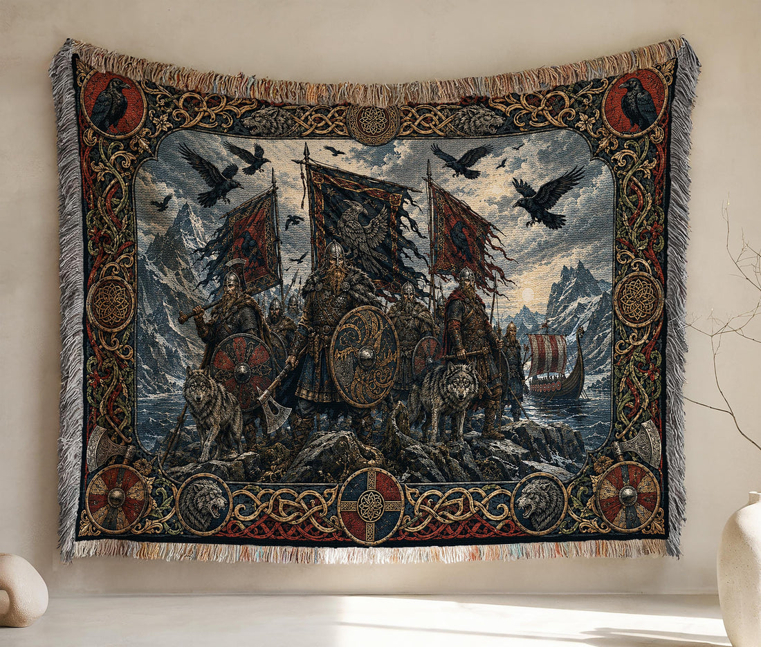 Viking Wolf Blanket - Viking Warriors Woven Blanket, Norse Raven Wolf Tapestry Throw, Longship