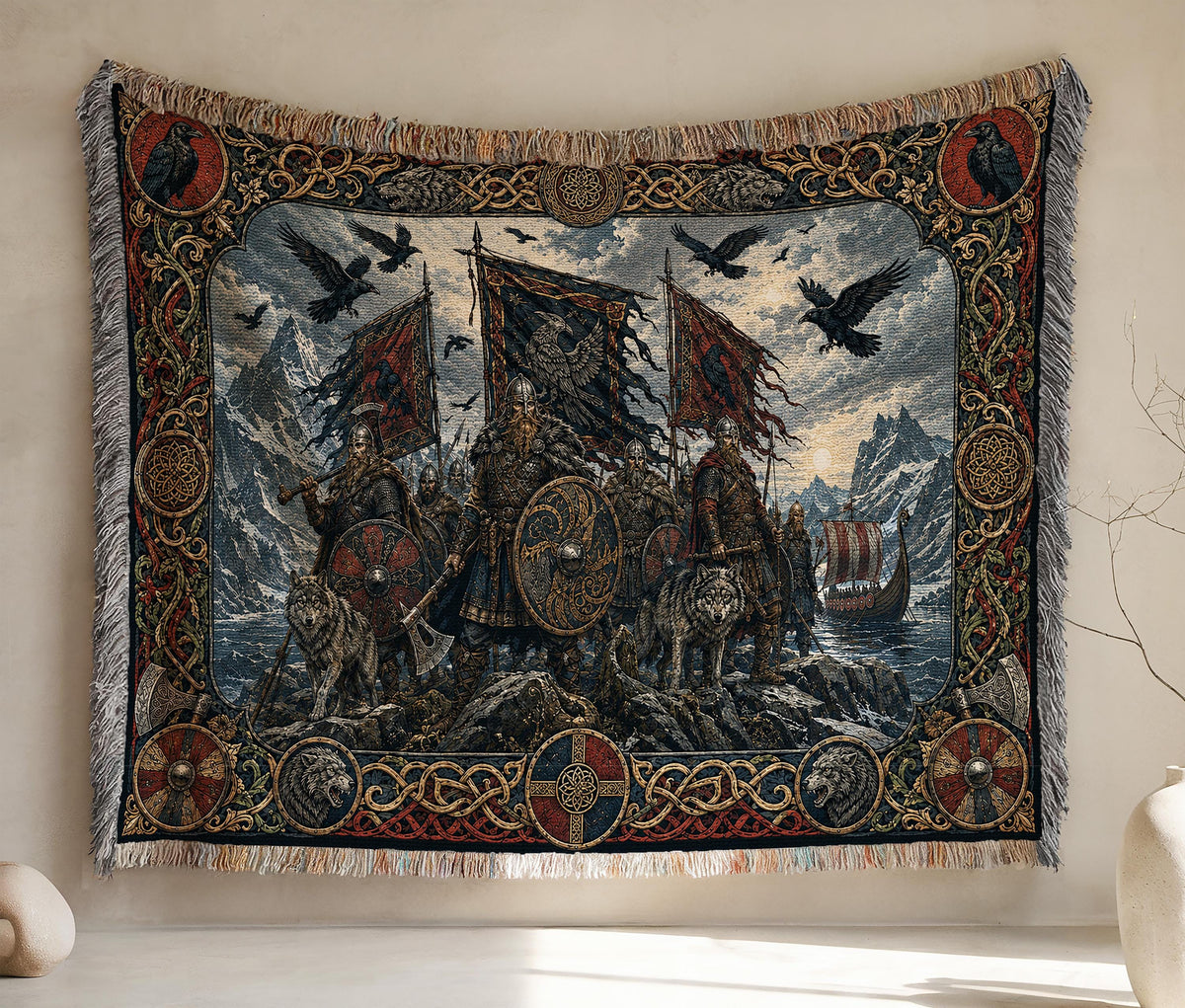 Viking Raven Blanket - Viking Axes Woven Throw Blanket, Norse Raven Celtic Knot Tapestry, Medieval
