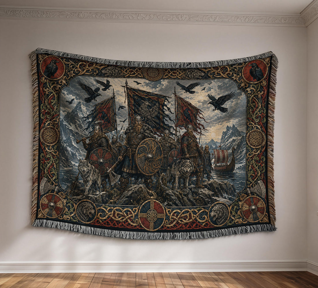 Viking Wolf Blanket - Viking Warriors Woven Blanket, Norse Raven Wolf Tapestry Throw, Longship
