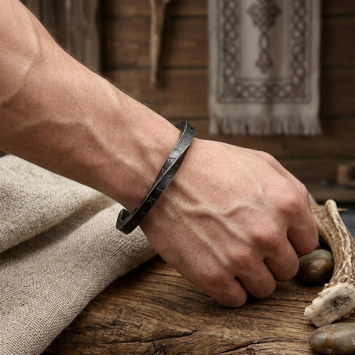 Viking Bracelet - Mens Leather Cuff Bracelet, Celtic Engraved Sterling Silver Braided Viking Norse