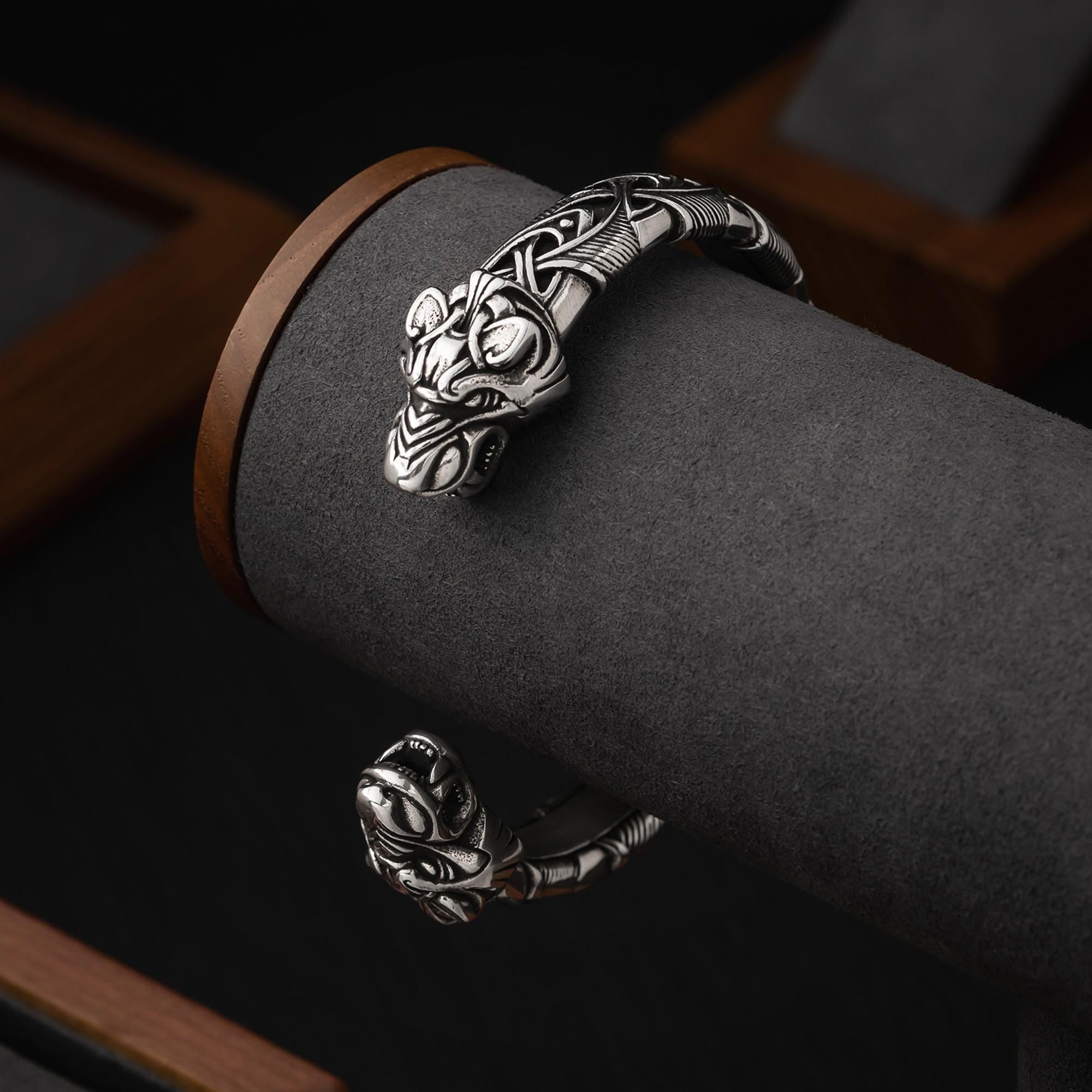 Viking Wolf Bracelet - Sterling Silver Viking Wolf Bracelet with Runes – Nordic Mythology Jewelry