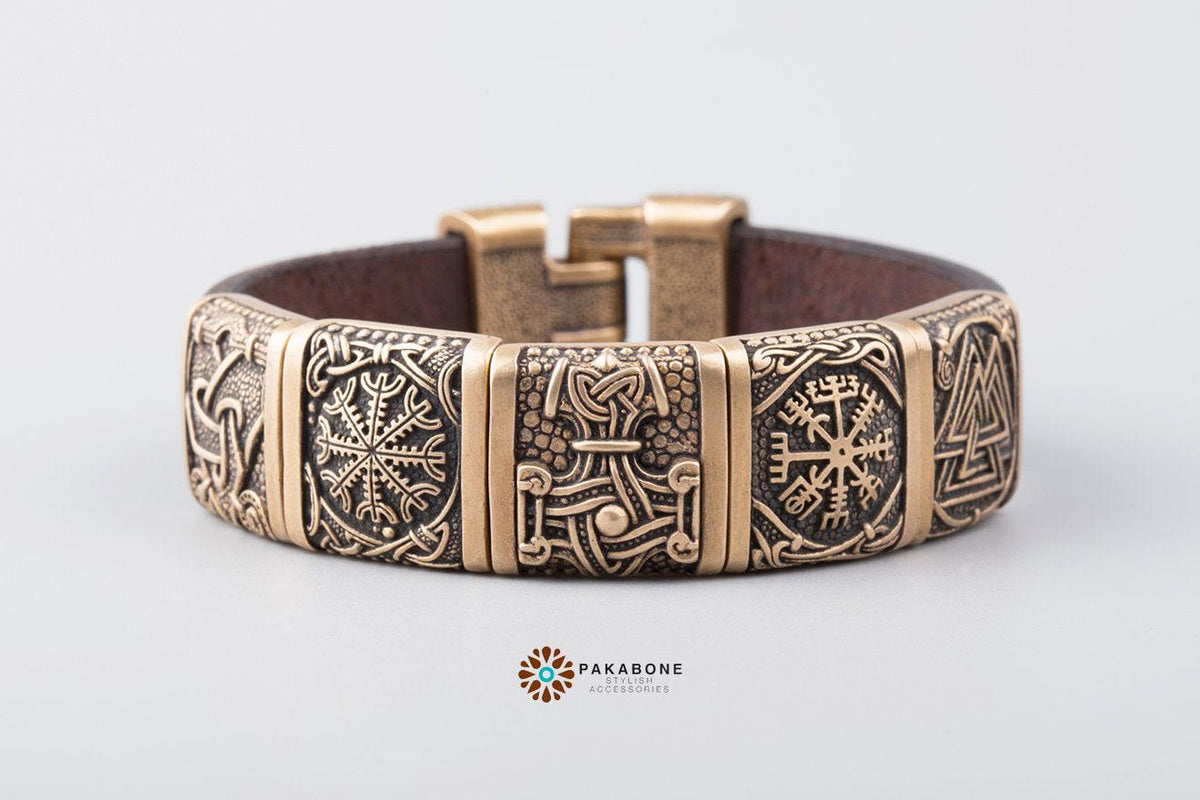 Viking Thor's Hammer Bracelet - Viking Bracelet Mammen Style, Leather Bracelet with Bronze Charms