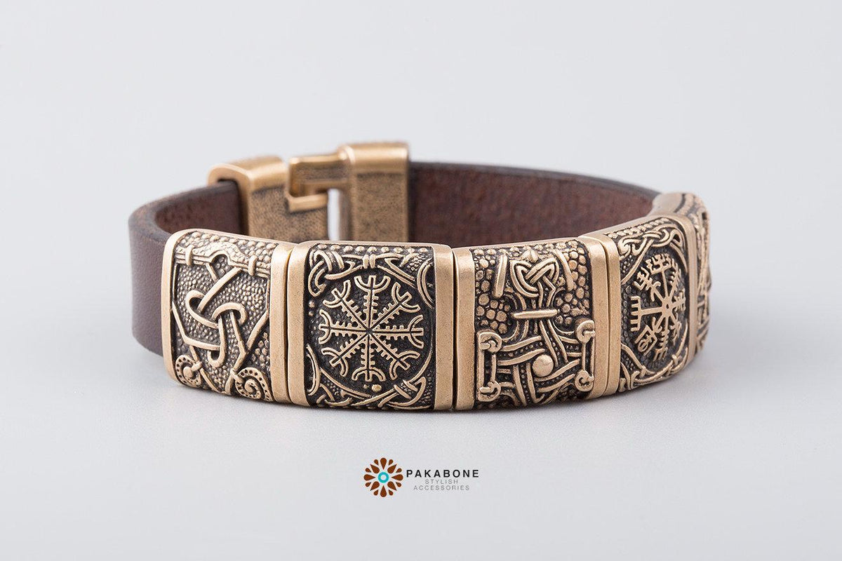 Viking Thor's Hammer Bracelet - Viking Bracelet Mammen Style, Leather Bracelet with Bronze Charms