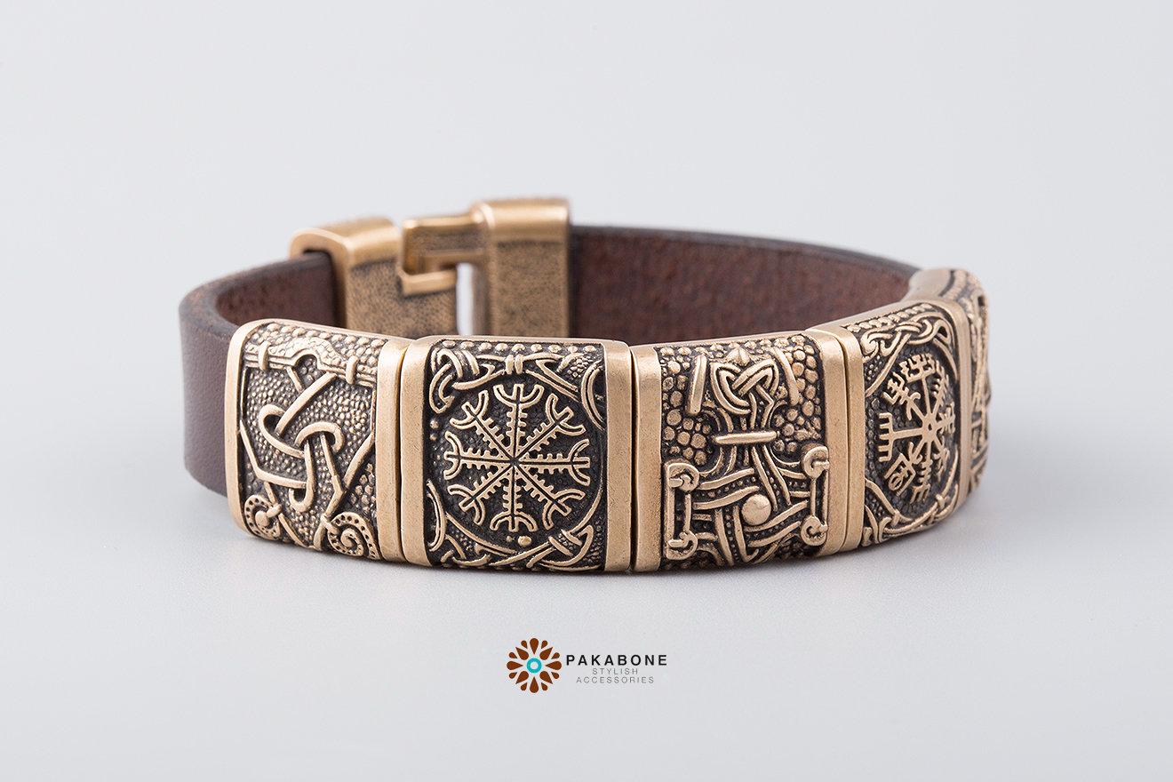 Viking Thor's Hammer Bracelet - Viking Bracelet Mammen Style, Leather Bracelet with Bronze Charms