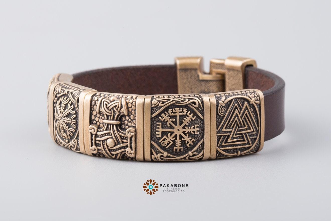 Viking Thor's Hammer Bracelet - Viking Bracelet Mammen Style, Leather Bracelet with Bronze Charms
