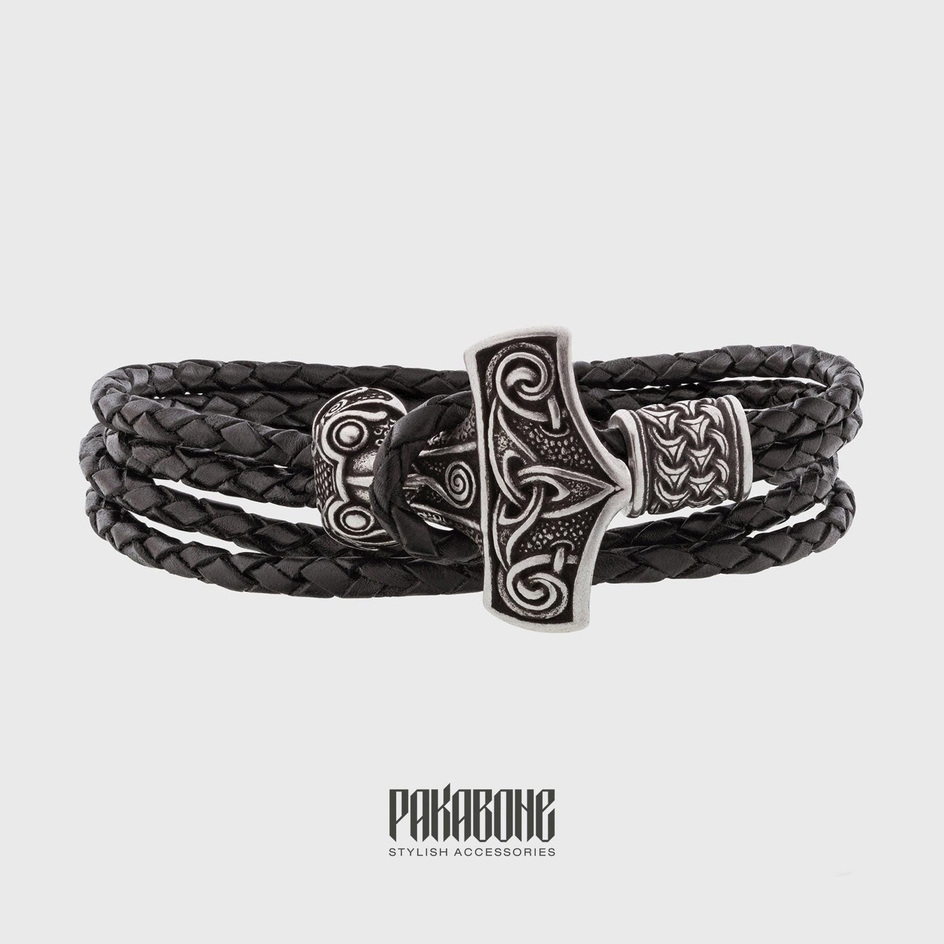Viking Thor's Hammer Bracelet - Mjolnir Bracelet with Thor Hammer, Braided Viking Leather Bracelet