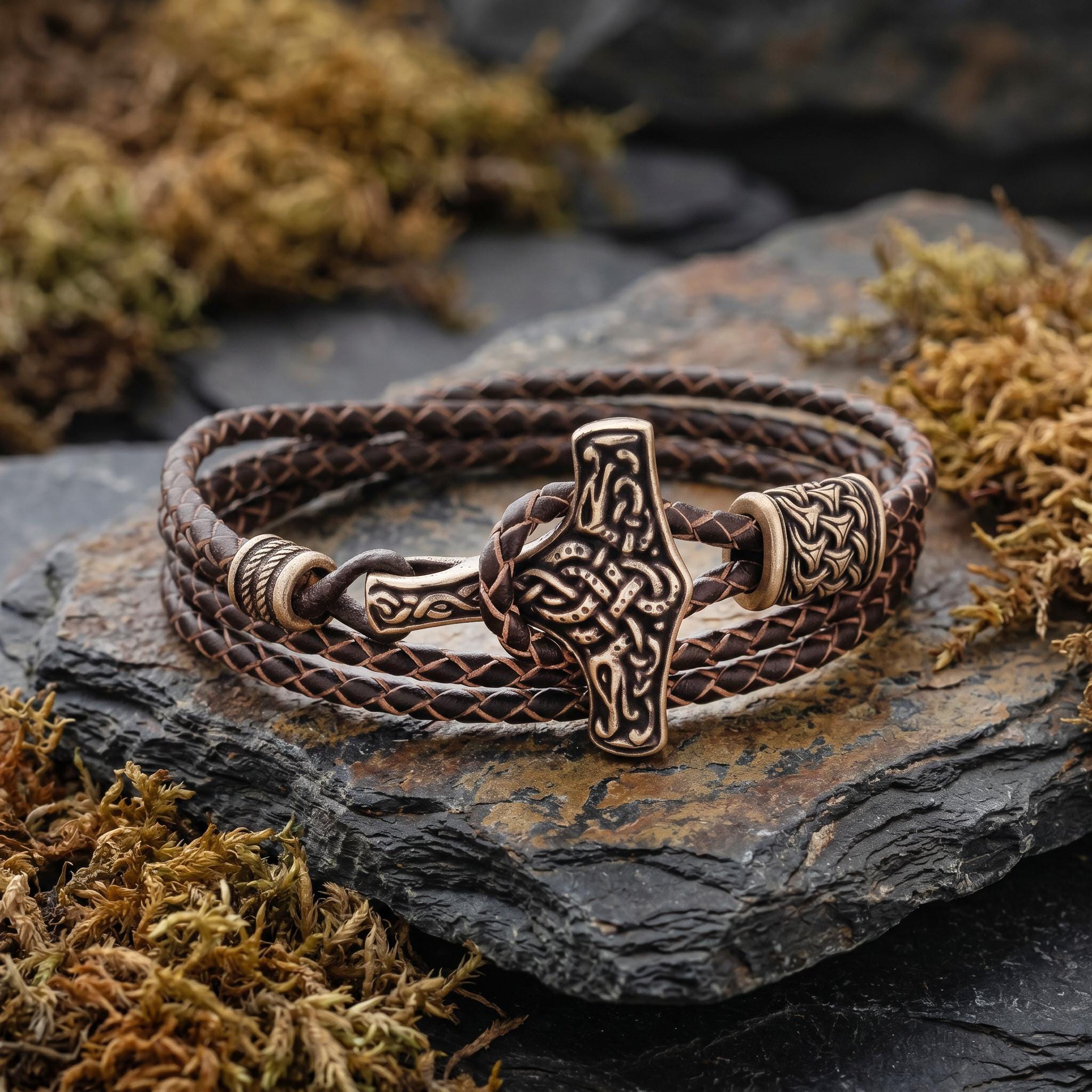 Viking Thor's Hammer Bracelet - Mjolnir Bracelet with Thor Hammer, Braided Viking Leather Bracelet