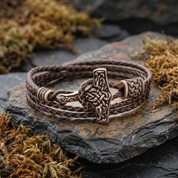 Viking Thor's Hammer Bracelet - Mjolnir Bracelet with Thor Hammer, Braided Viking Leather Bracelet