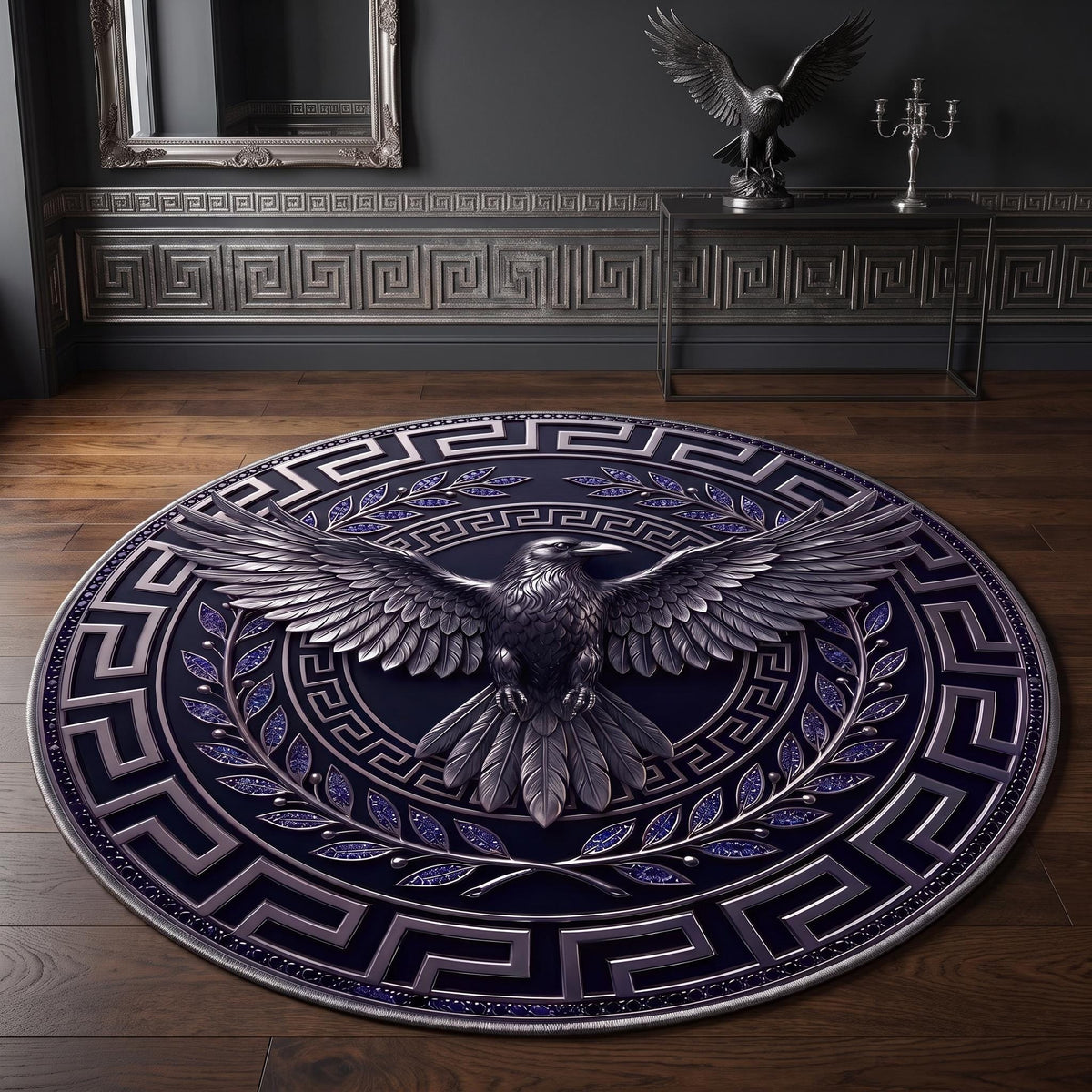 Viking Raven Rug - Viking Raven Round Rug, Norse Rune Circle Carpet, Celtic Knot Boho Gothic Decor