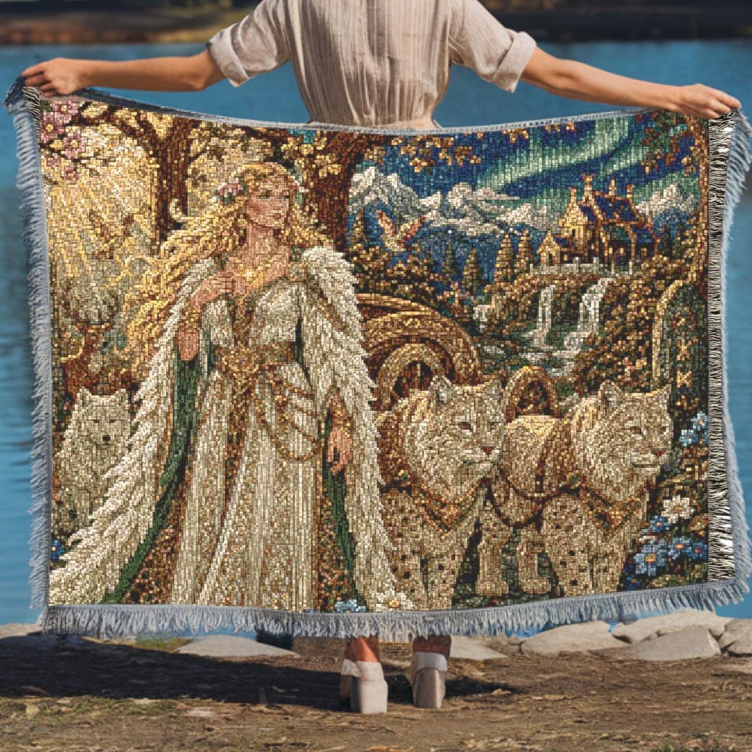 Viking Odin Blanket - Viking Odin Woven Blanket, Norse Mythology Throw, Raven and Wolf Tapestry