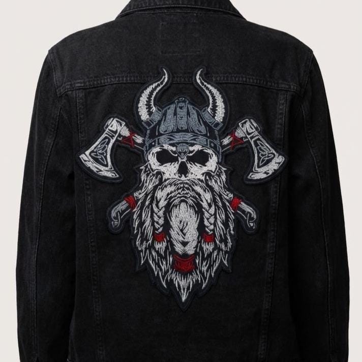 Viking Jacket - Viking Warrior Embroidered Patch, Norse Helmet Back Applique, Gold Black Gothic