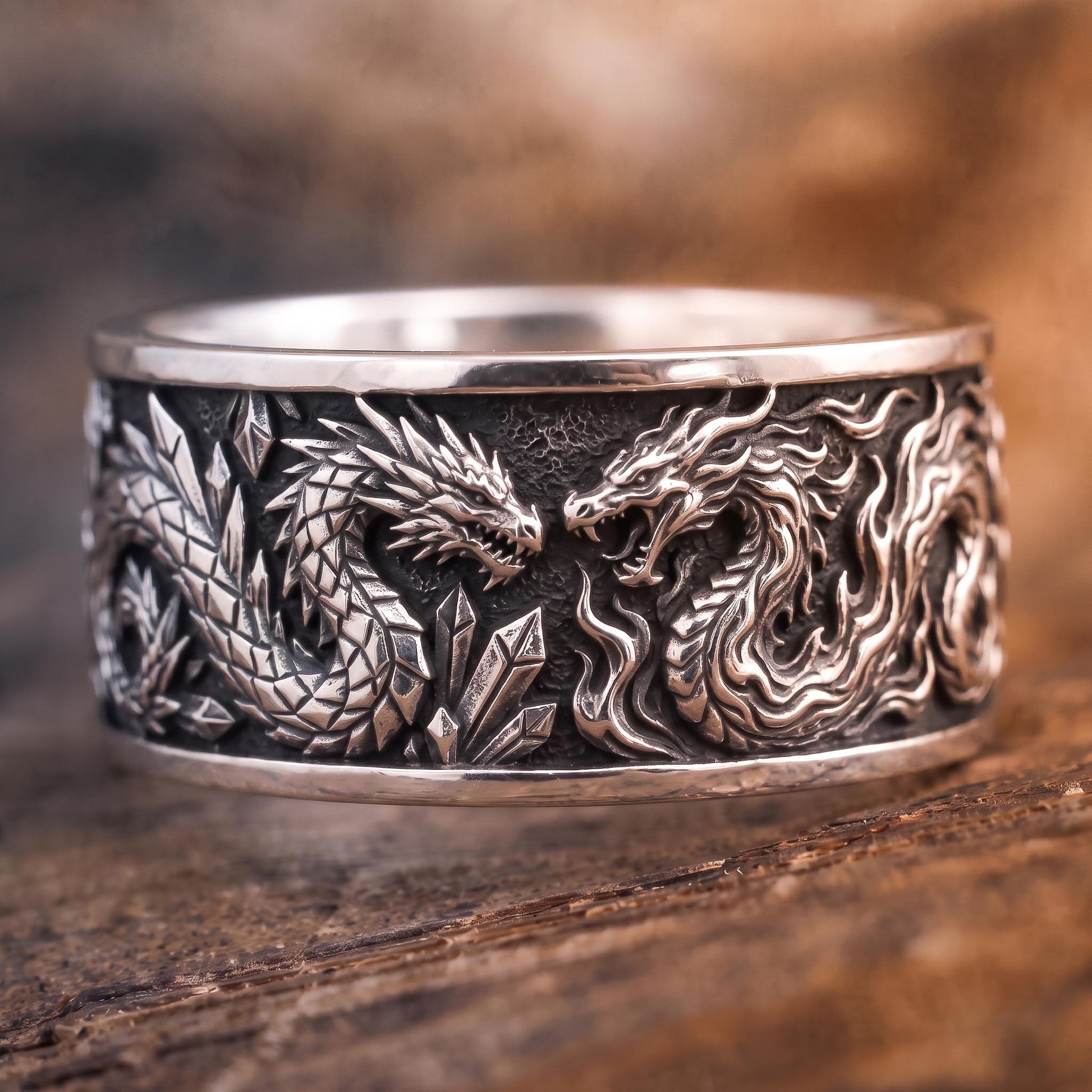 Viking Longship Ring, Oxidized Sterling Silver Band, Ocean Wave Jewelry