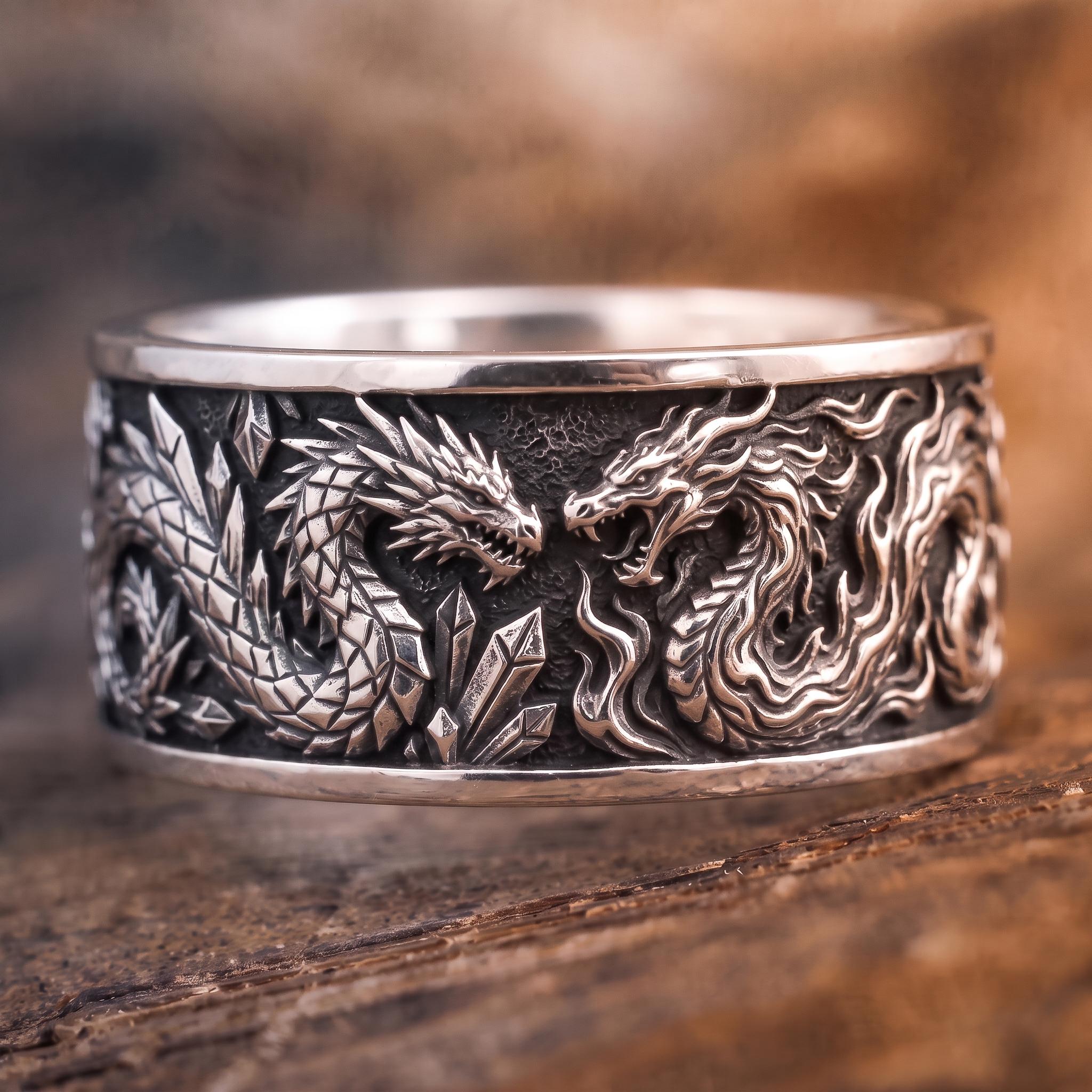 Viking Longship Ring, Oxidized Sterling Silver Band, Ocean Wave Jewelry