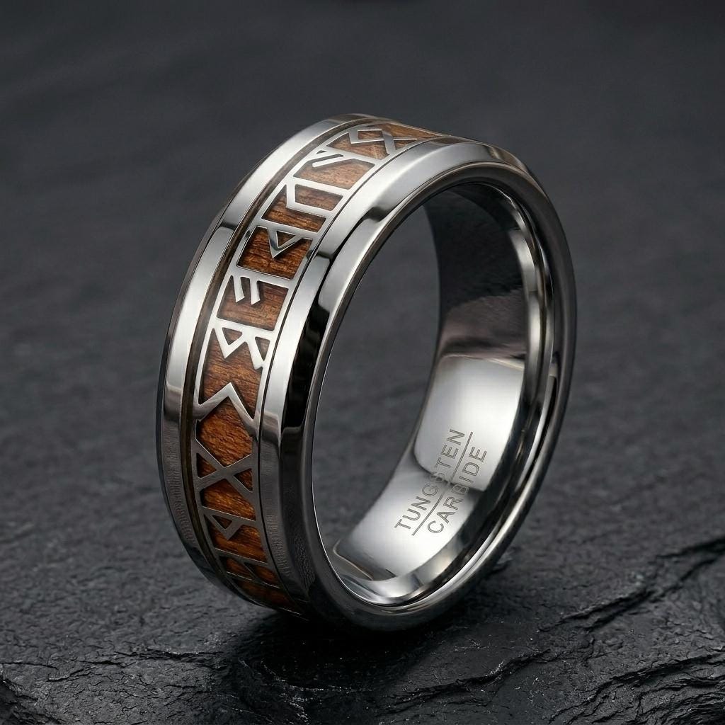 Viking Rune Ring Wood 8mm, Silver Tungsten Norse Ring for Men, Koa Wood Wedding Band, Ancient