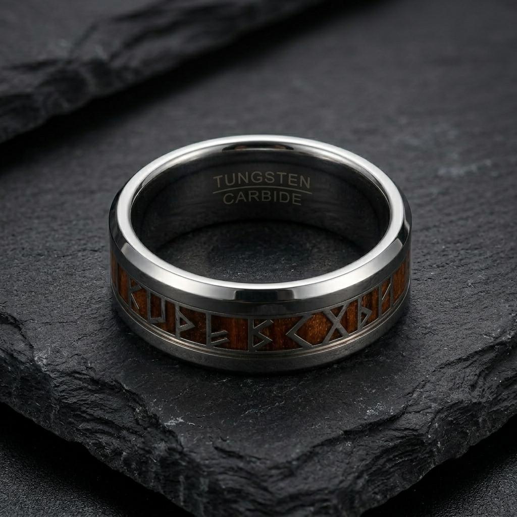 Viking Rune Ring Wood 8mm, Silver Tungsten Norse Ring for Men, Koa Wood Wedding Band, Ancient