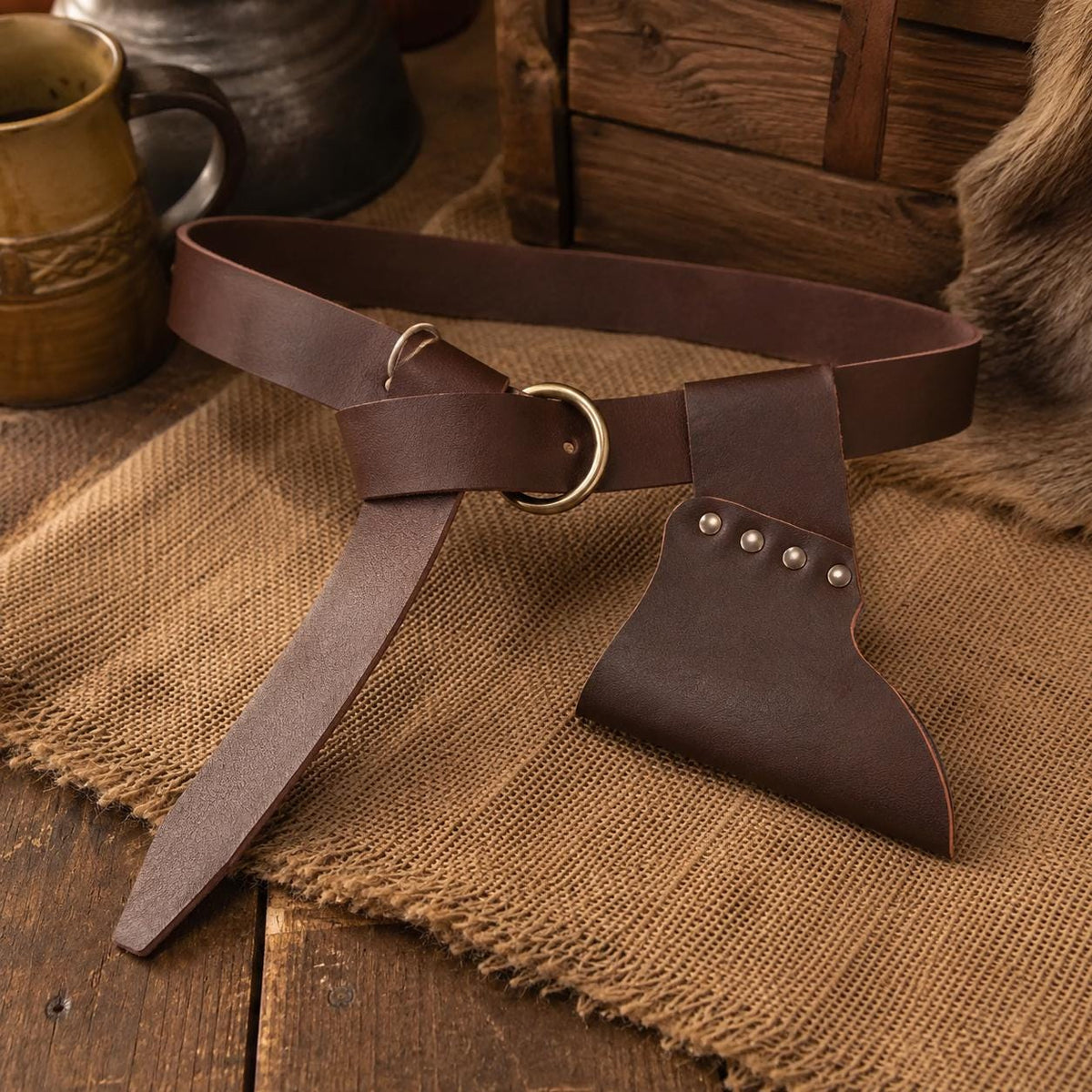 Viking Ring - Medieval Ring Belt, Black Faux Leather Renaissance Viking Cosplay Waist Belt, LARP