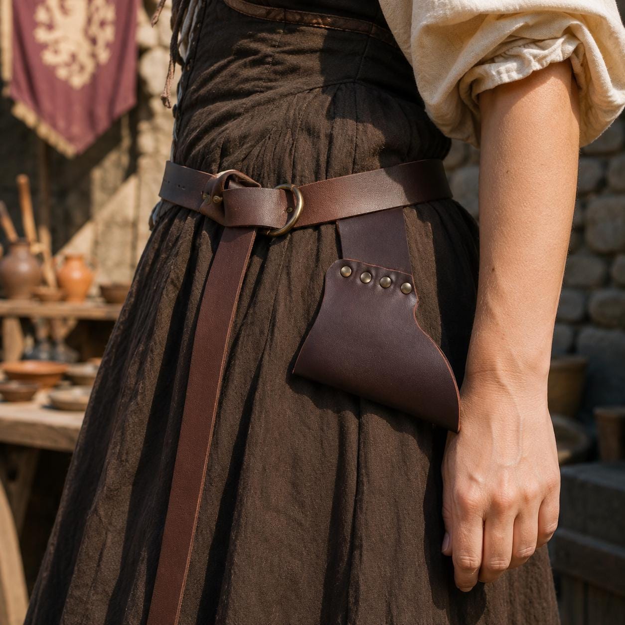 Viking Ring - Medieval Ring Belt, Black Faux Leather Renaissance Viking Cosplay Waist Belt, LARP