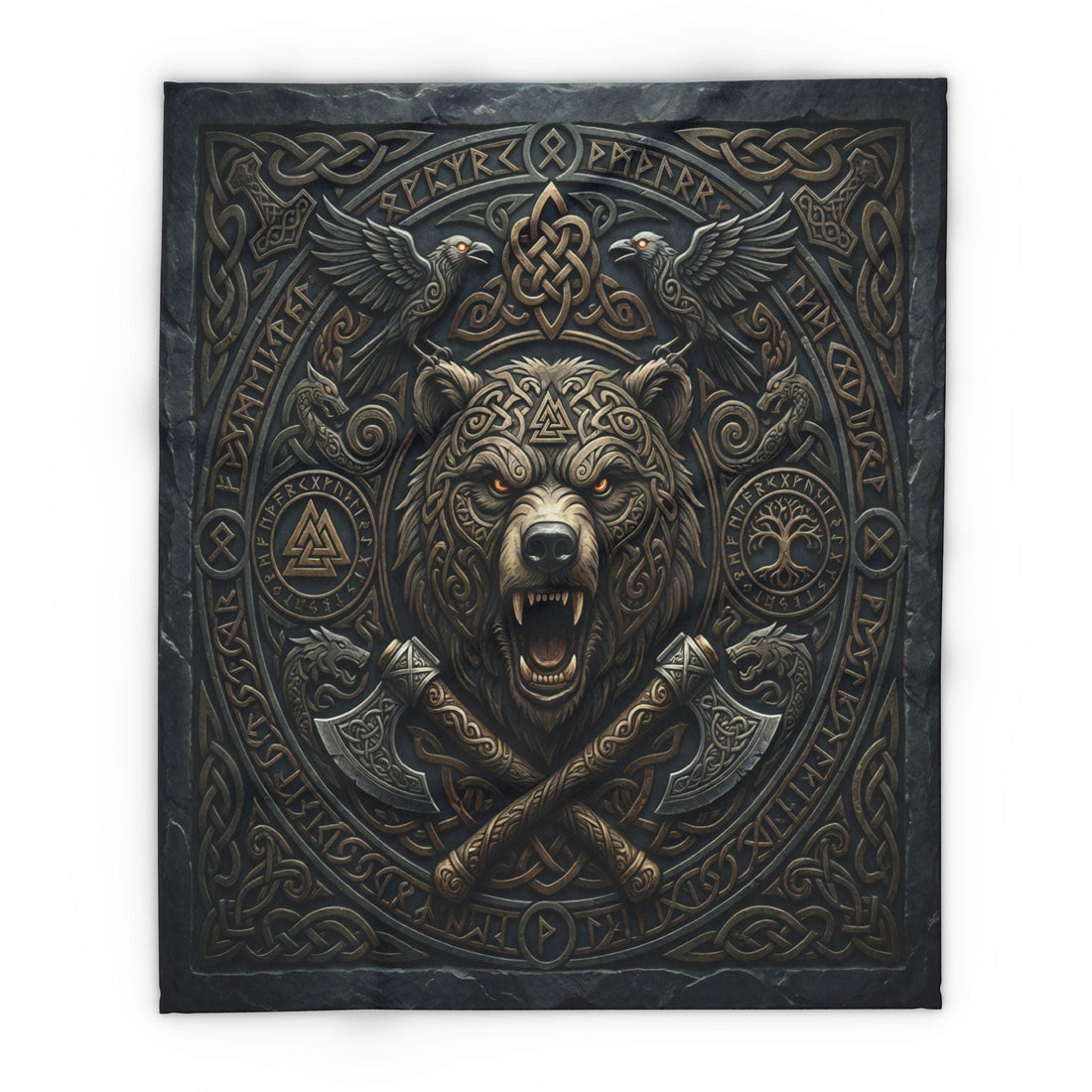 Viking Blanket - Viking Bear Fleece Blanket, Norse Berserker Arctic Throw, Crossed Battle Axes