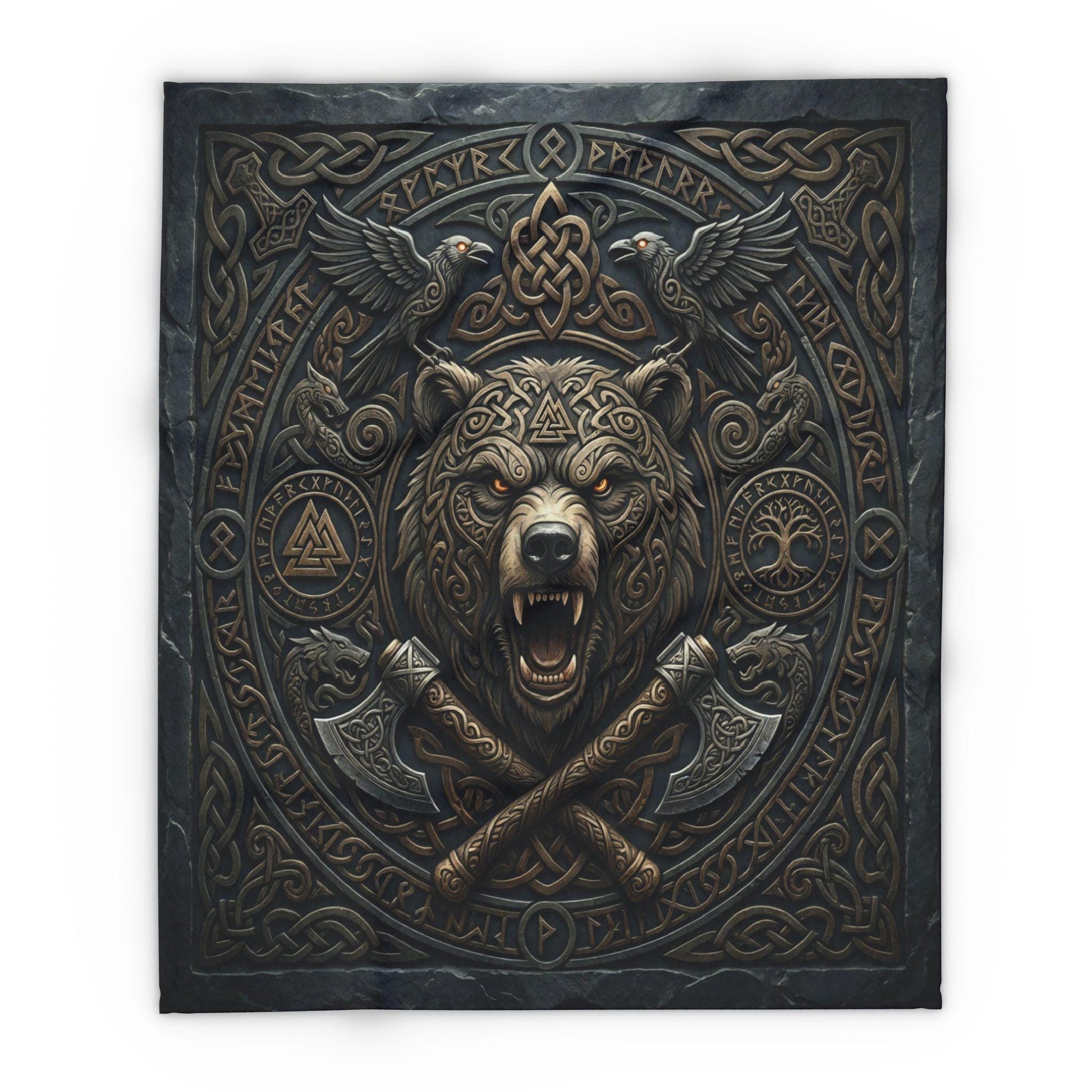 Viking Blanket - Viking Bear Fleece Blanket, Norse Berserker Arctic Throw, Crossed Battle Axes