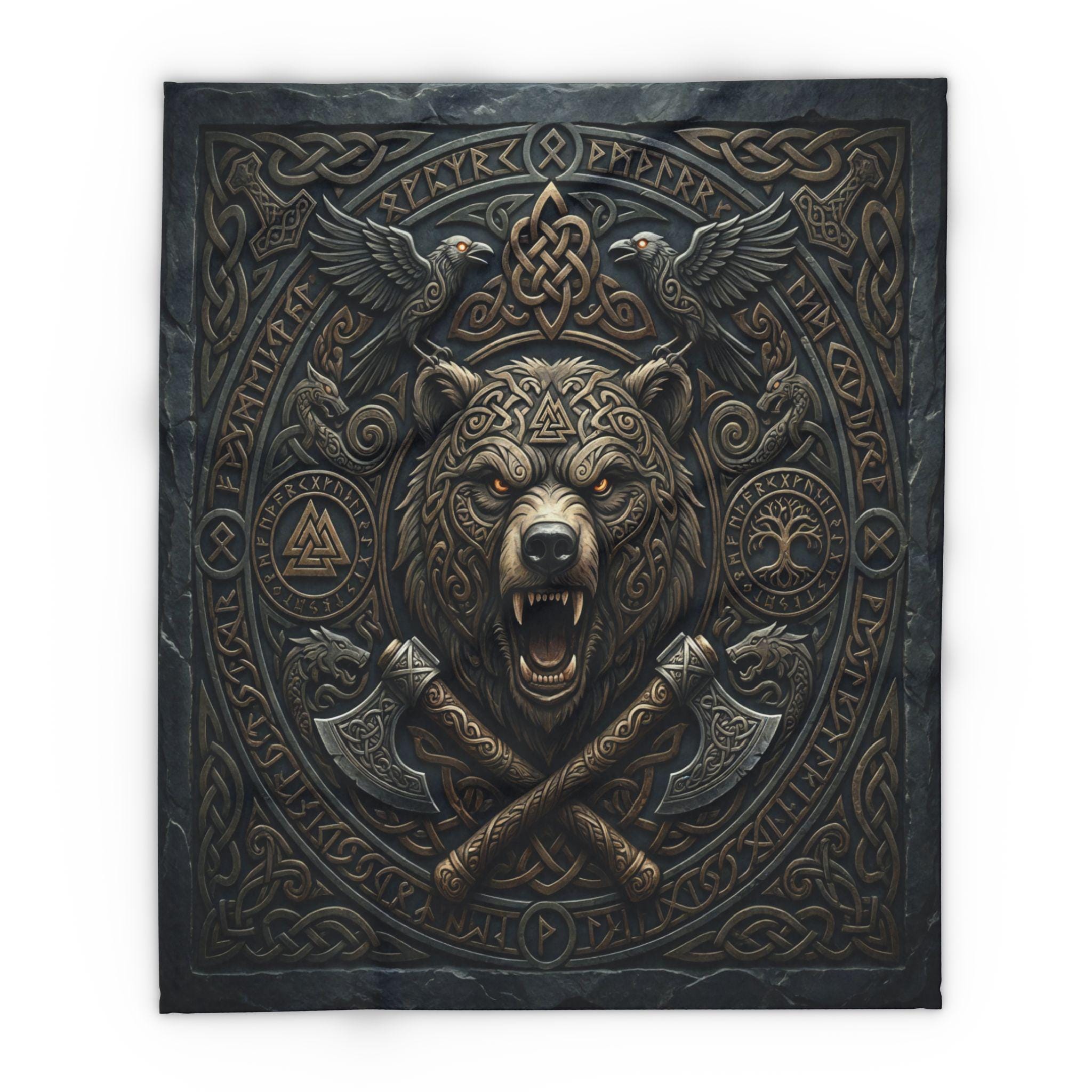 Viking Blanket - Viking Bear Fleece Blanket, Norse Berserker Arctic Throw, Crossed Battle Axes