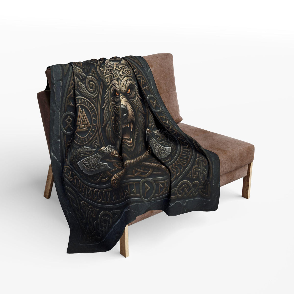 Viking Blanket - Viking Bear Fleece Blanket, Norse Berserker Arctic Throw, Crossed Battle Axes
