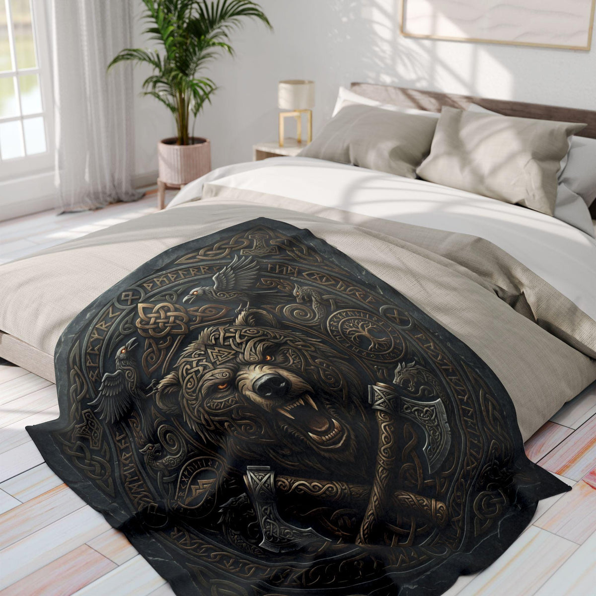 Viking Blanket - Viking Bear Fleece Blanket, Norse Berserker Arctic Throw, Crossed Battle Axes