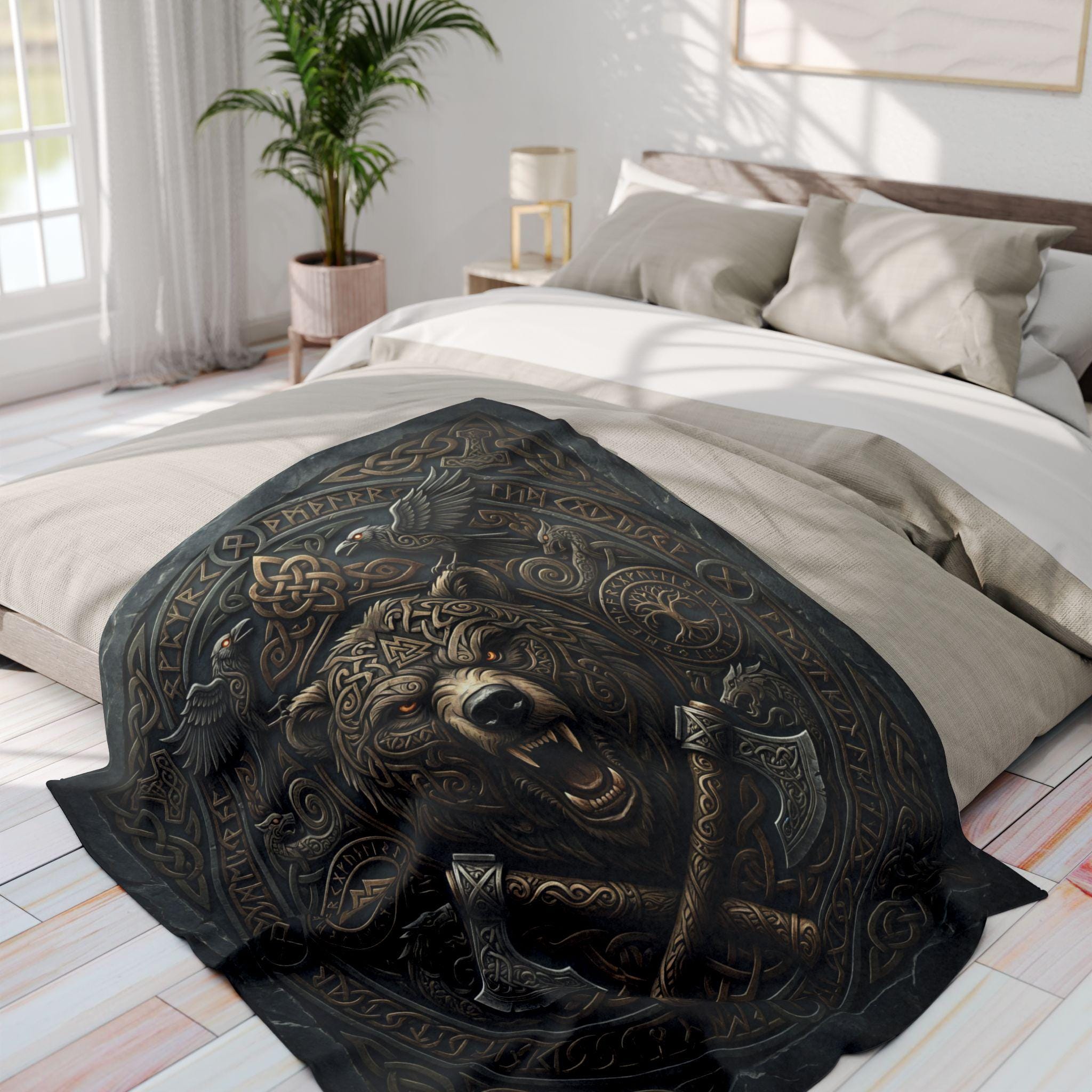 Viking Blanket - Viking Bear Fleece Blanket, Norse Berserker Arctic Throw, Crossed Battle Axes