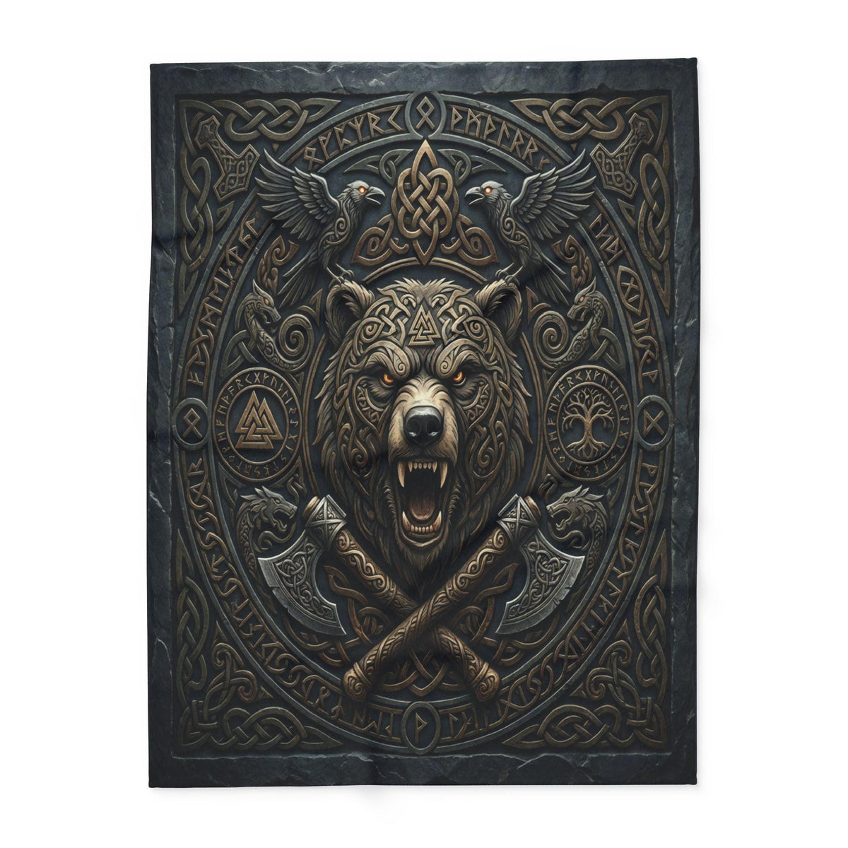 Viking Blanket - Viking Bear Fleece Blanket, Norse Berserker Arctic Throw, Crossed Battle Axes