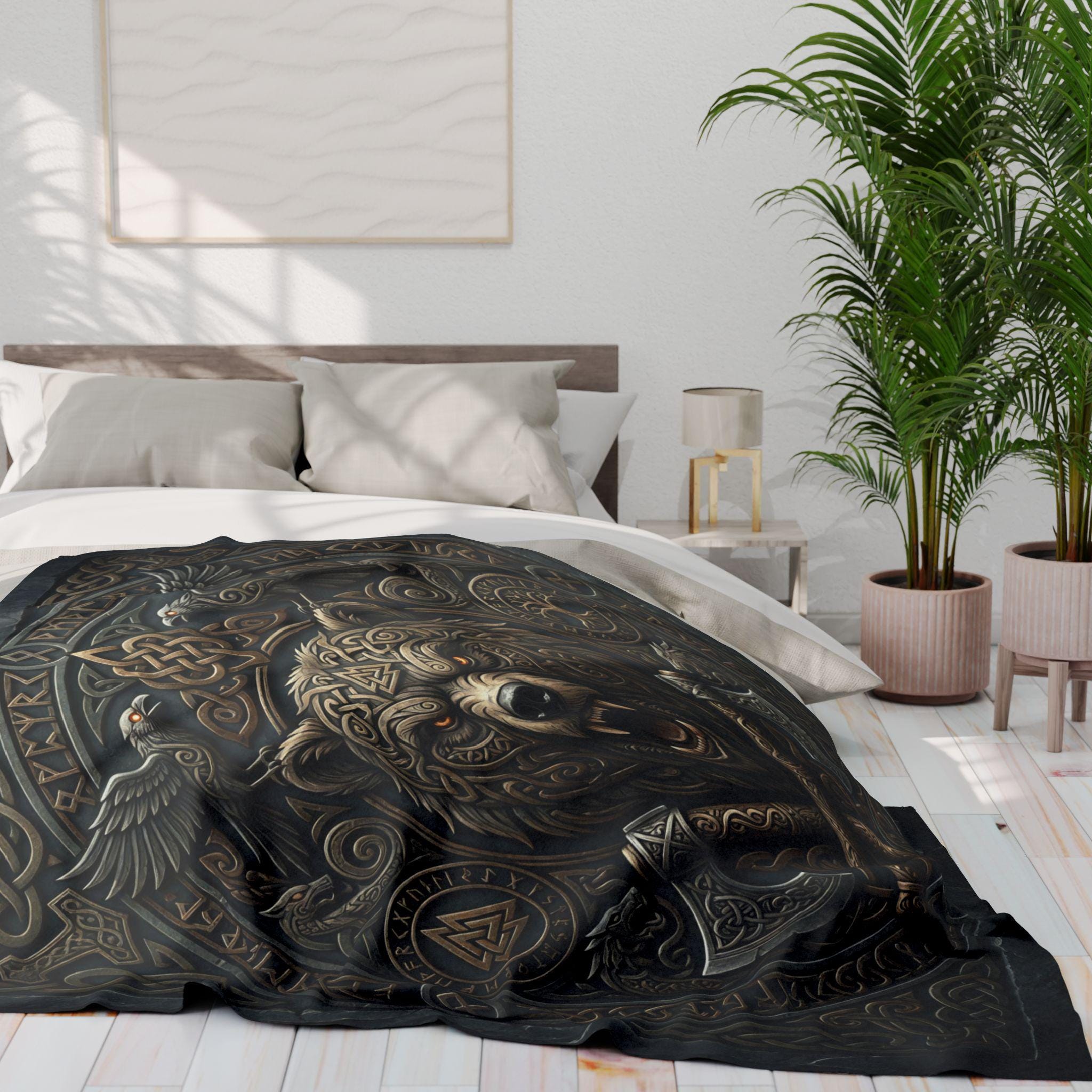 Viking Blanket - Viking Bear Fleece Blanket, Norse Berserker Arctic Throw, Crossed Battle Axes